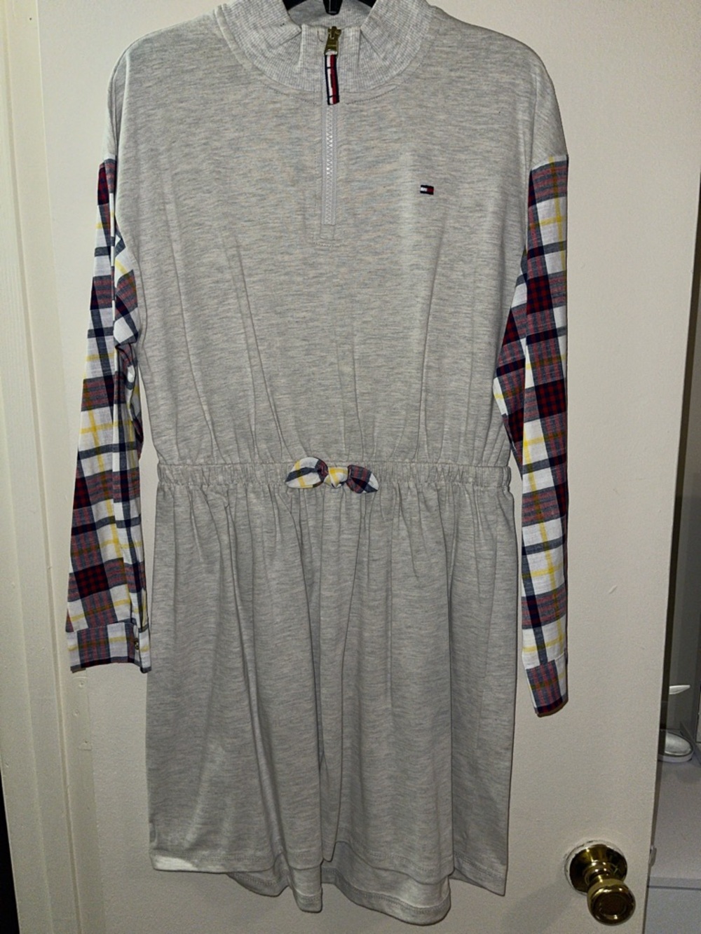 Tommy Hilfiger Light Gray Knit Dress with Plaid Sleeves